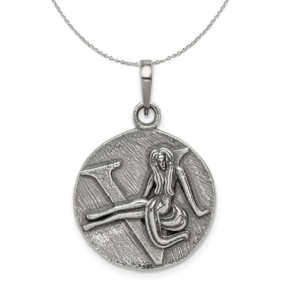 Silver Virgo the Virgin Zodiac Embossed Circle Necklace - 20 In
